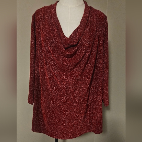 NWT Karen Kane Plus Size 3/4 Sleeve Drape Front Top: Red Shimmer: Size- 2X - Picture 1 of 16